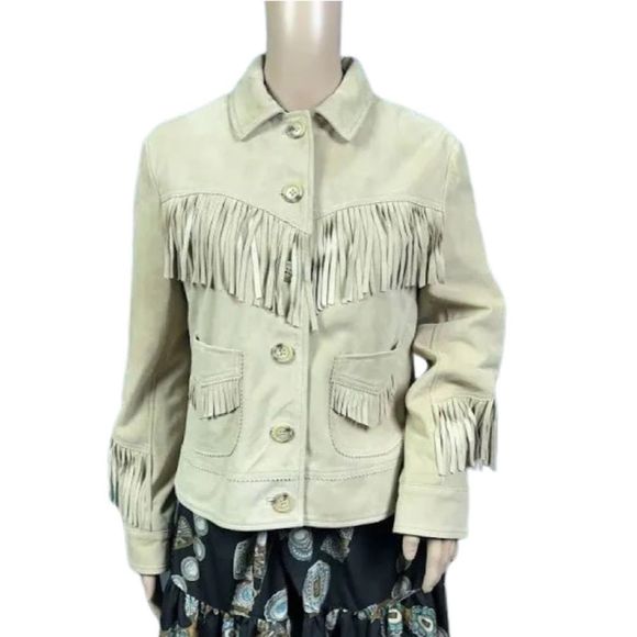 Lauren Ralph Lauren Womens Fringe Trim Goat Suede Jacket In Camel - Picture 1 of 6